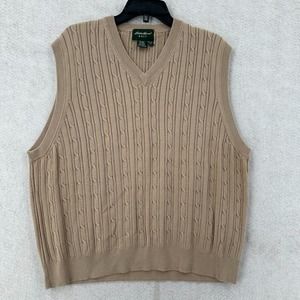 VTG Eddie Bauer Golf Sweater Vest Mens LARGE Brown‎ Cotton Cable Knit Sleeveless
